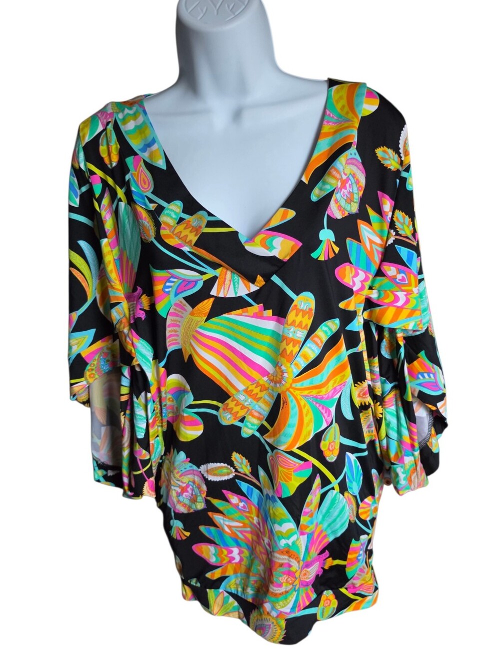 Trina Turk Tahitian Floral Dolman Sleeve V-Neck Jersey Tunic - Size S